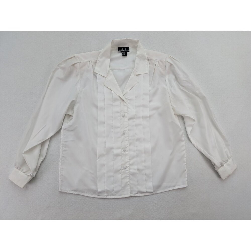 Vintage Women's Blouse David Matthew Size 8P White Long Sleeve Pleated Front